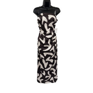 Paper Heart Maxi Dress, Satin, Brown White abstract print, Rouched Side, Medium